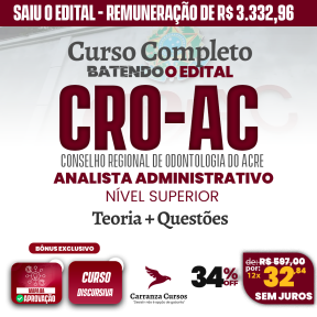 Logo CRO AC - Conselho Regional de Odontologia do Acre - CURSO COMPLETO - Cargo: Analista Administrativo